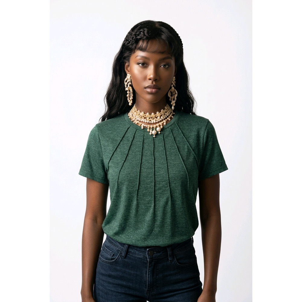 Women T-Shirt Pleated Front Tri-Blend Casual Heather Green Large